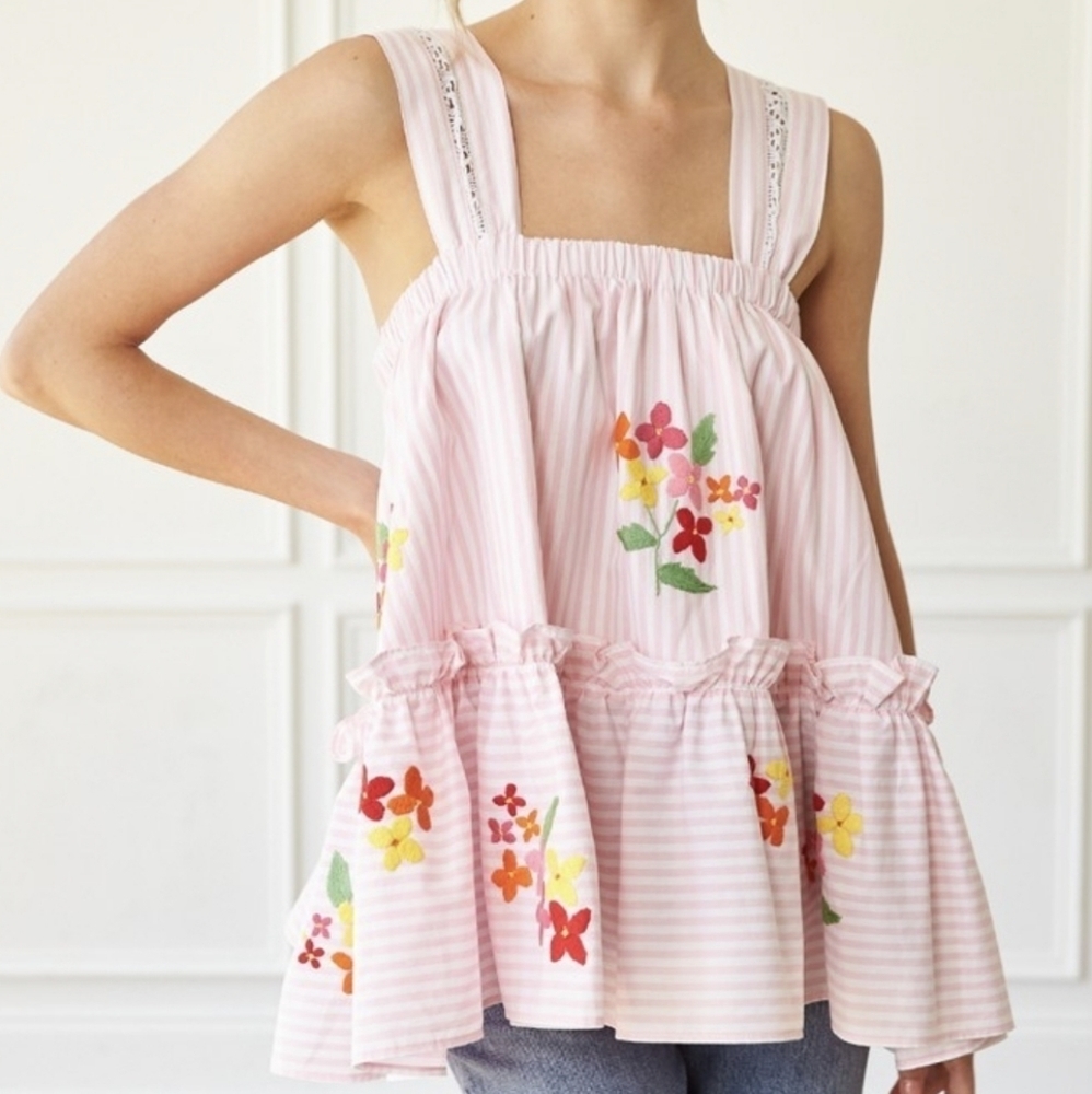 Mi Golondrina Mia Blouse, Striped Floral Embroidered Ruffle Boho Tank, EUC!